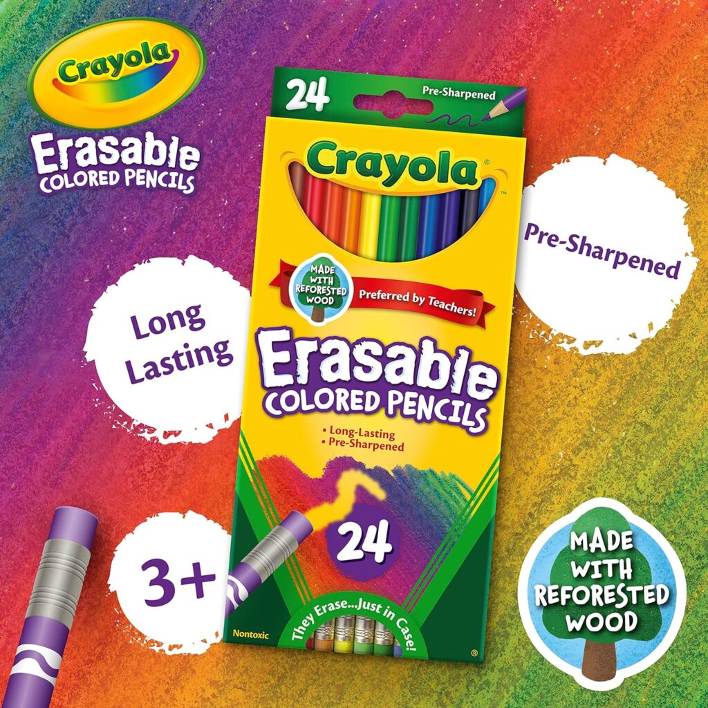 Crayola Erasable Colored Pencils (24ct), Kids Colored Pencils for School, Back to School Supplies for Kids, Coloring Pencils, 6+